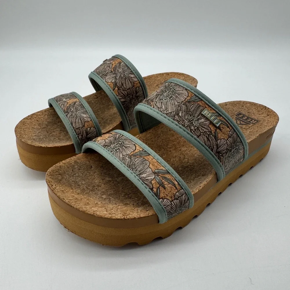 Reef Cushion Vista Hi Sandals 8 Floral Cork Platform Slides Sage Granola Earthy